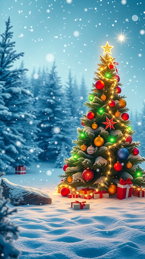 A festive Christmas laptop background with a snowy landscape, decorated tree, and falling snowflakes.